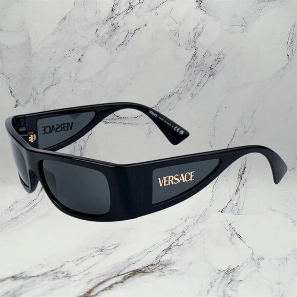 VERSACE Sunglasses New Black Square Wrap Shield Mask Acetate Gold Letter Logo - Picture 1 of 12